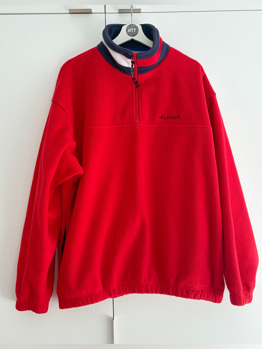 Vintage 90svTommy Hilfiger Red Fleece Quarter-Zip with Flag Motif Collar